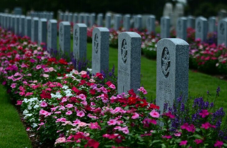 Headstones with flowers